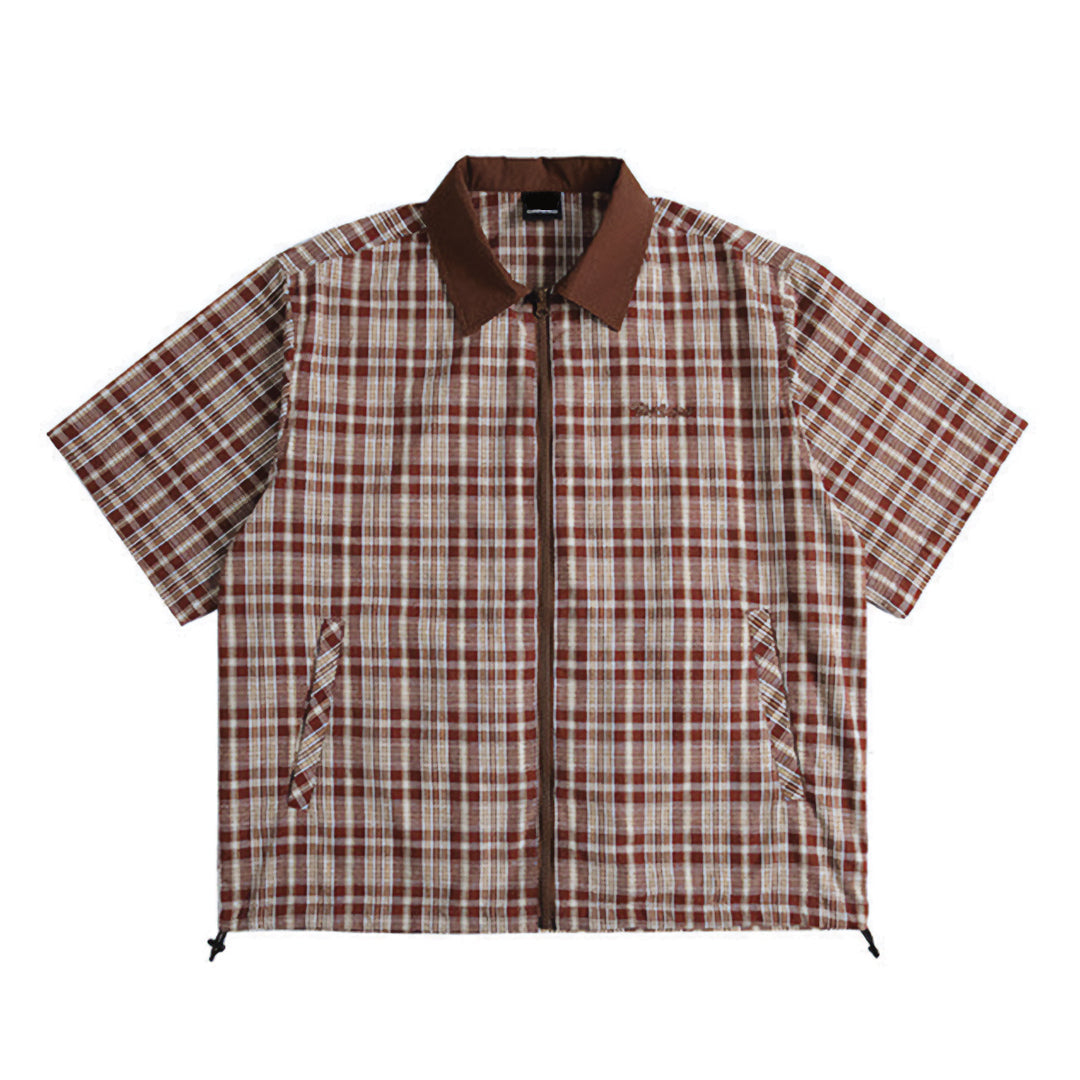 Men's light plaid zip shirt, lightweight cotton short-sleeve boxy cut with tonal front zip