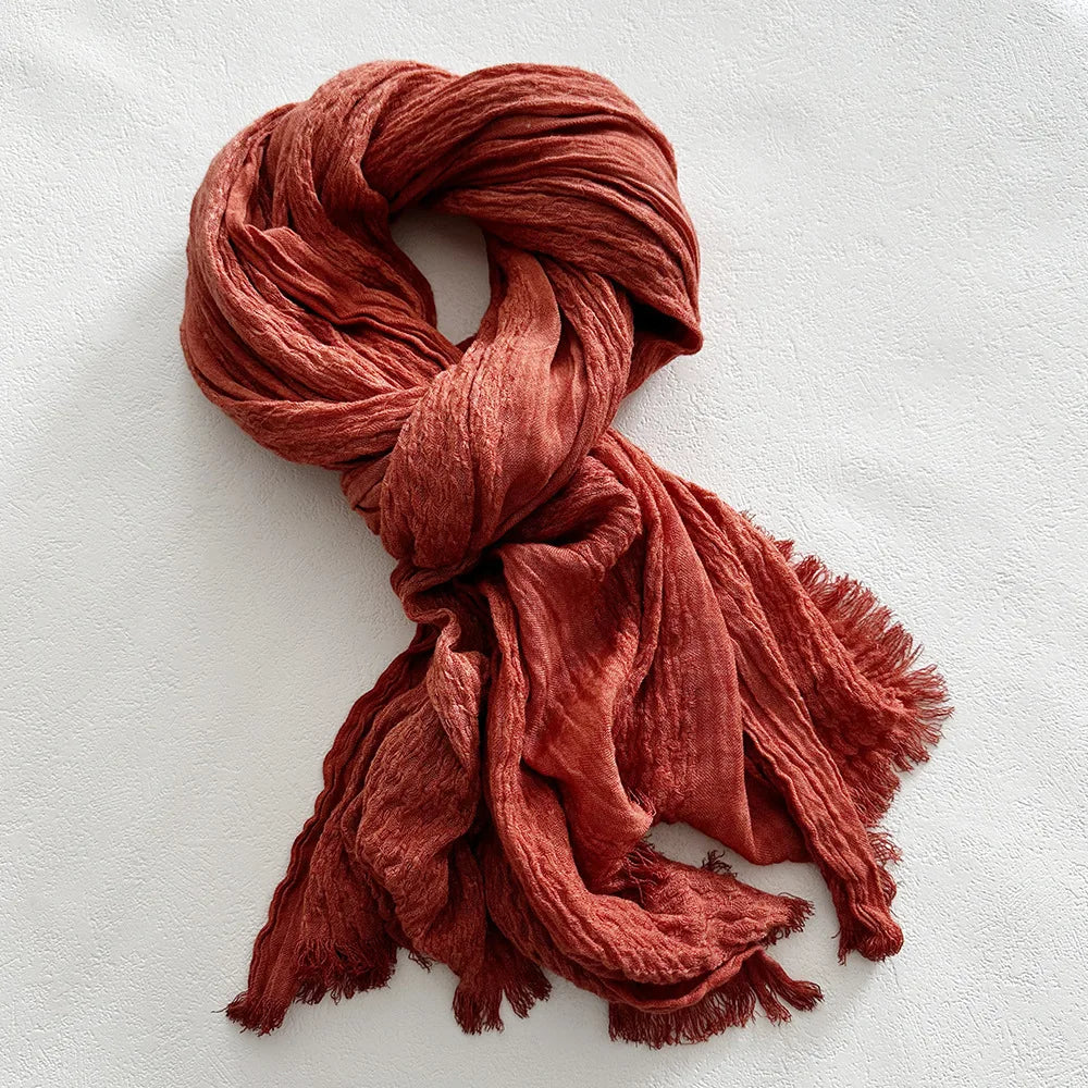 Lily linen long loose women's scarf, crinkled texture and frayed edges for everyday casual style