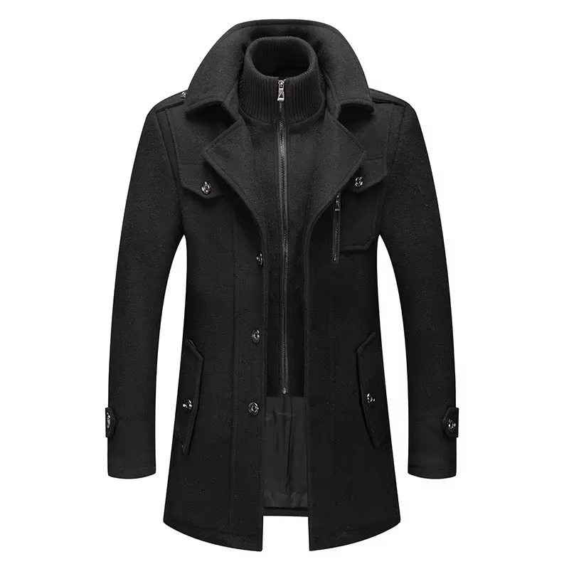 Men premium mid-length wool trench coat with double collar zipper closure, structured fall winter overcoat