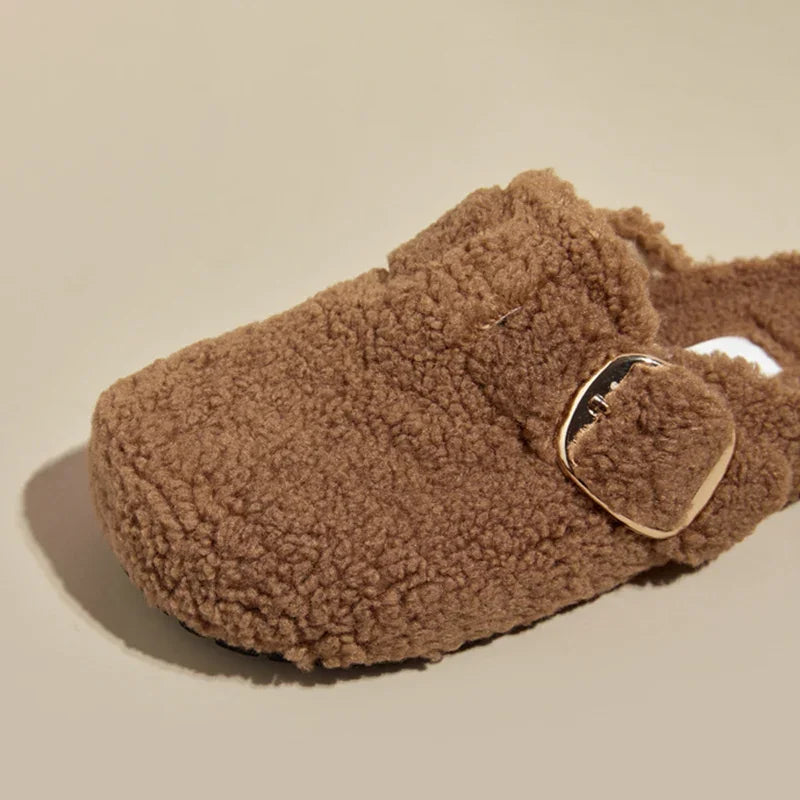 Women's plush lamb wool fuzzy mules slippers with adjustable buckle, cozy alpine style warm cocoon fit