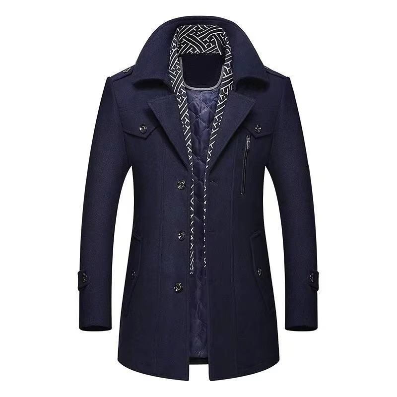 Men's wool blend mid-length winter overcoat in neutral tone with padded scarf collar for extra warmth