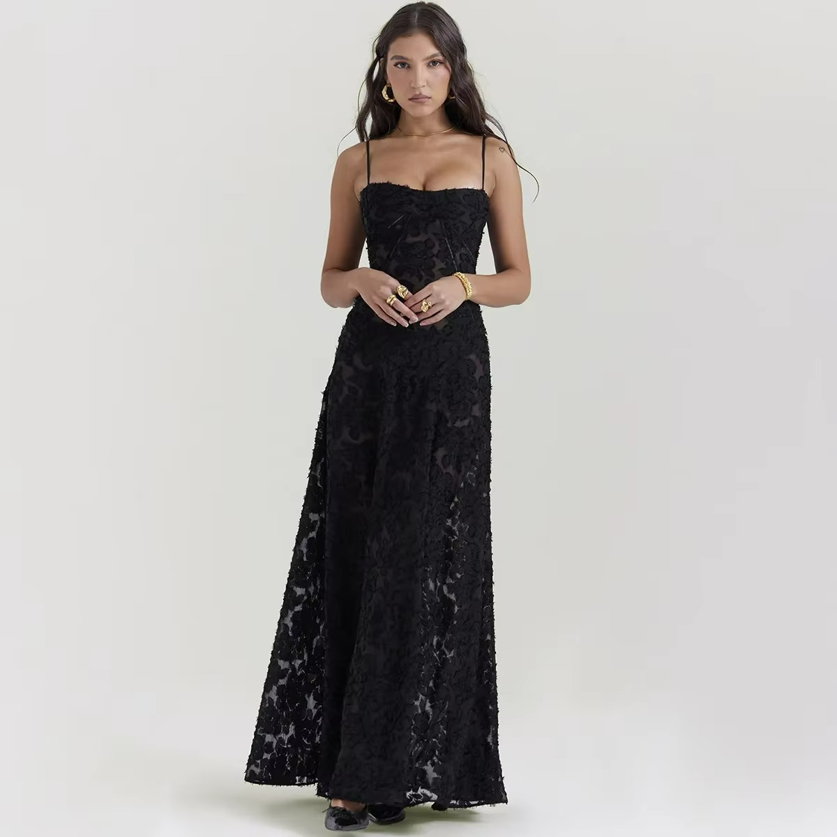 Elegant floral jacquard maxi dress with structured sweetheart bodice in ivory lace for wedding guests