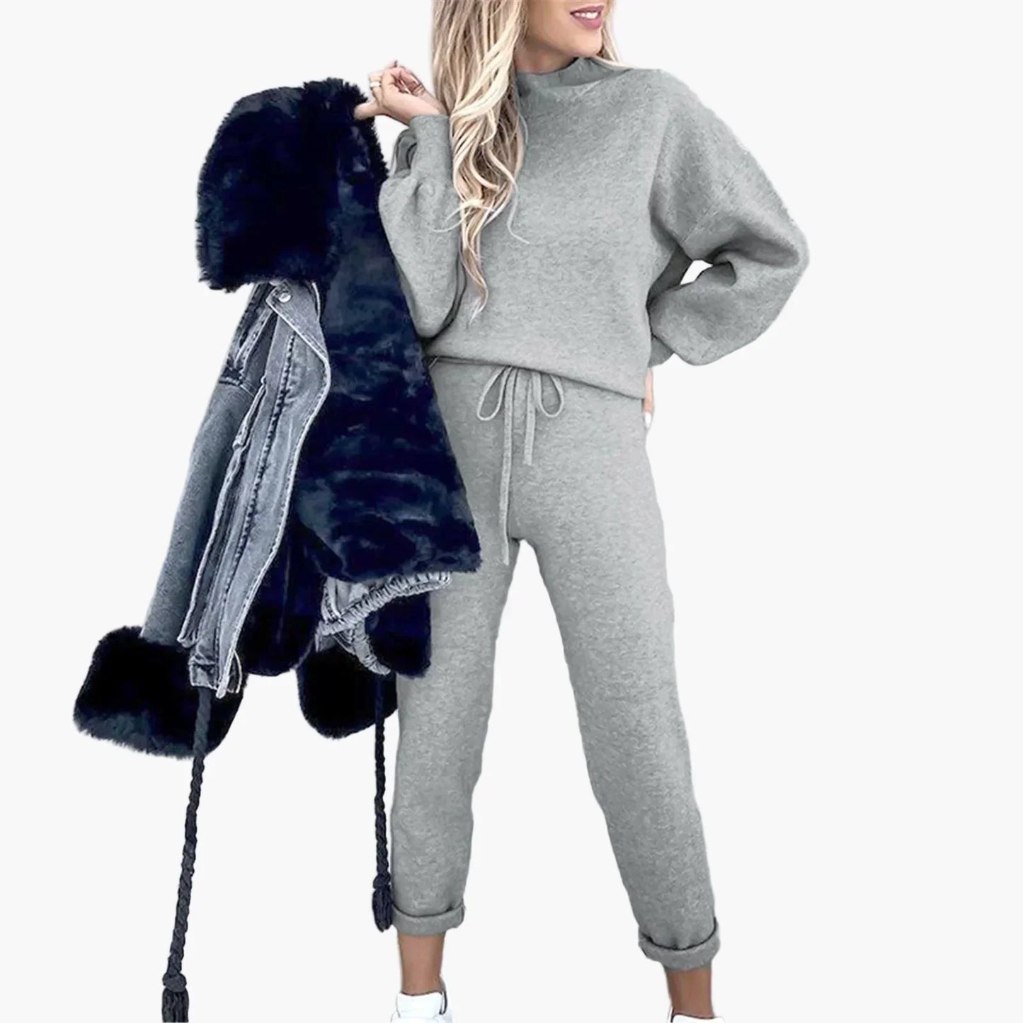 Women's casual two-piece set featuring wide-leg pants and long-sleeve shirt in relaxed streetwear fit