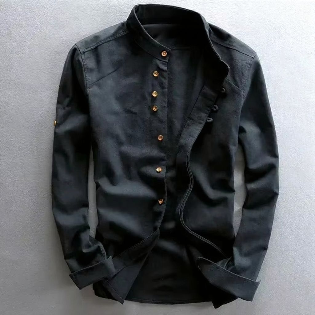 Men's slim-fit cotton linen shirt with stand collar in neutral tone, breathable everyday style