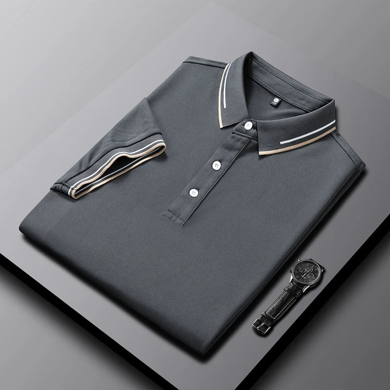 Men's light blue AeroKnit tailored polo shirt with breathable textured knit weave for modern casual style