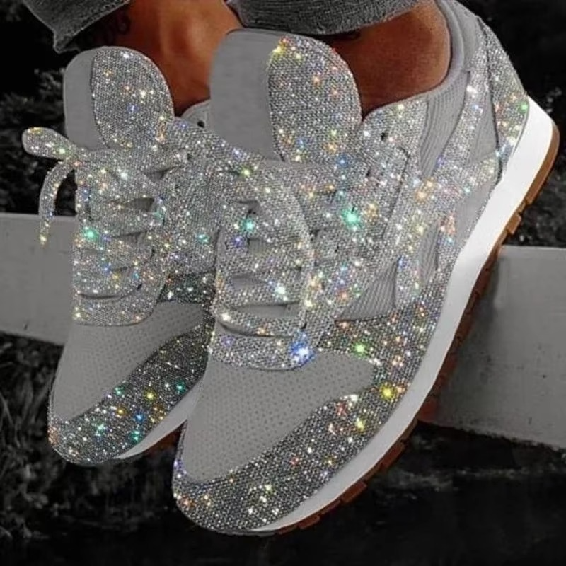 Women's silver glitter mesh platform lace-up sneakers with lightweight sole and sparkle accents