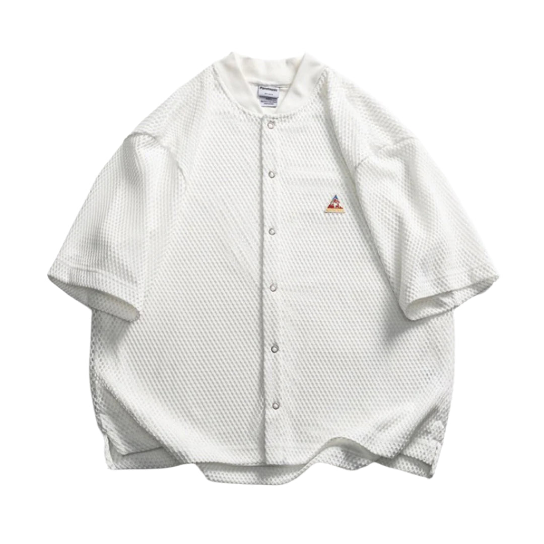 Men's white lightweight breathable open-weave mesh training shirt with lattice pattern for active wear