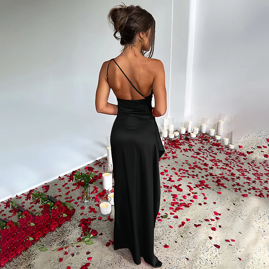 Lily one-shoulder satin evening dress in elegant drape with ruched waist and thigh-high slit