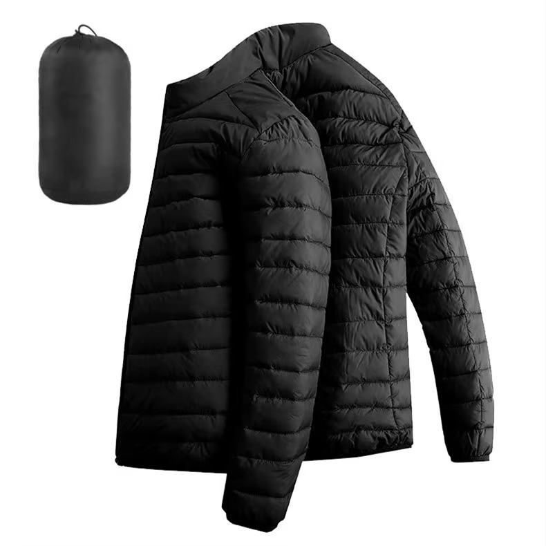 Men's lightweight hooded down parka in casual winter style with zip pockets, slim cotton-blend fit