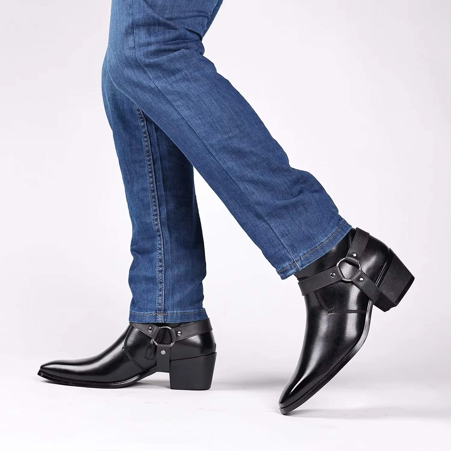 Brown genuine leather unisex cowboy boots with intricate Western embroidery and durable block heel