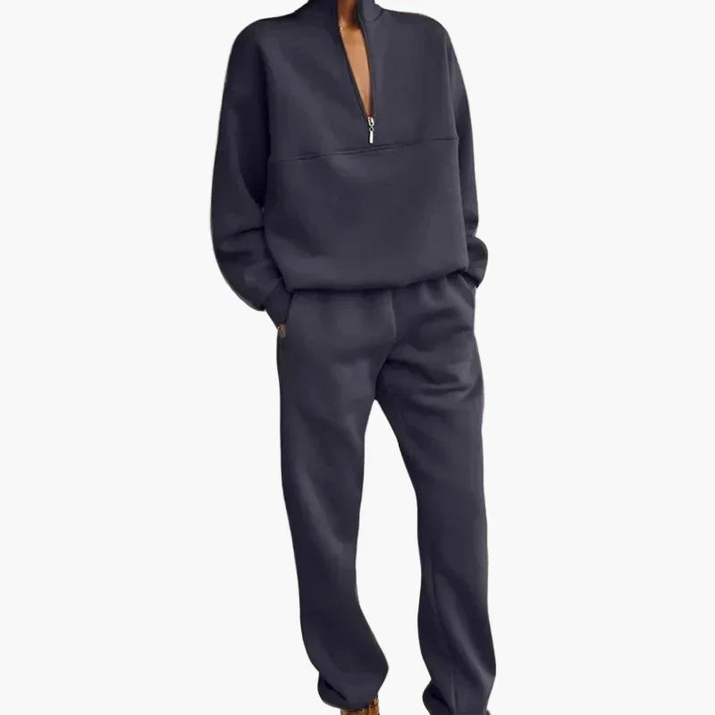 Women's two-piece tracksuit stand-up collar zip-up jacket elastic waistband sporty-casual set