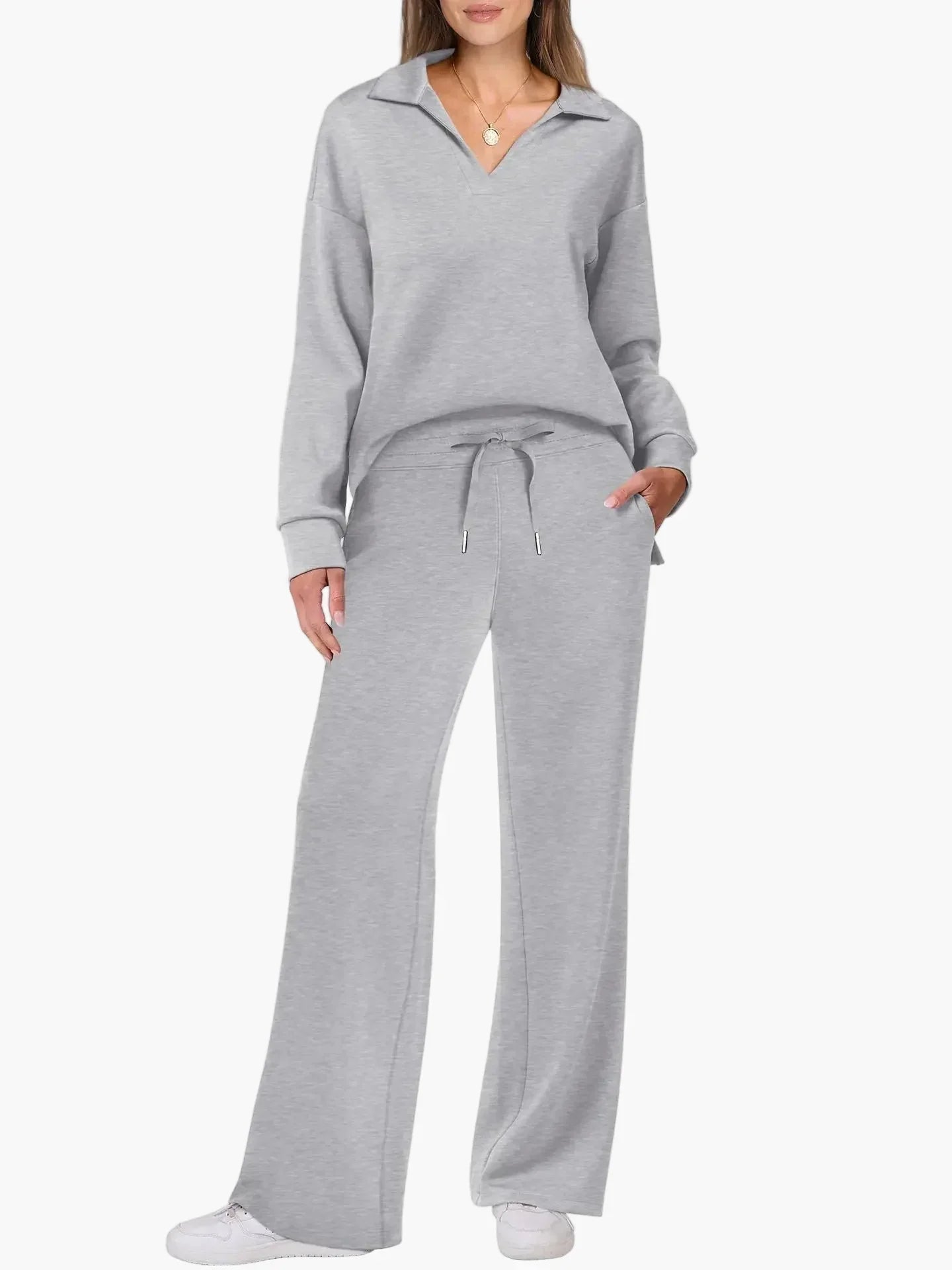 Women's sage green wide-leg lounge set with V-neck collared top and drawstring pants