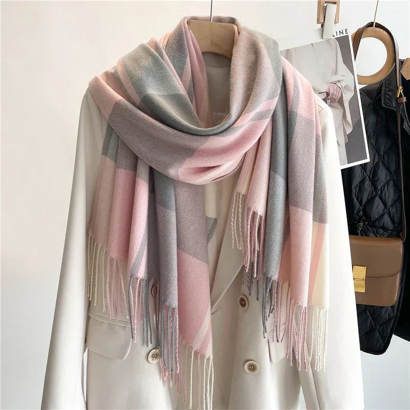 Women's full-length fringed check scarf with classic plaid pattern and elegant tassel edges