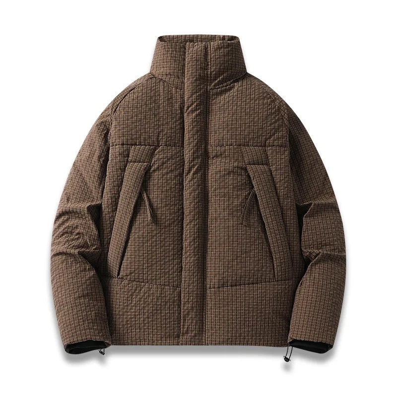 Men's black quilted parka windproof structured fit with plaid texture insulation cold weather coat