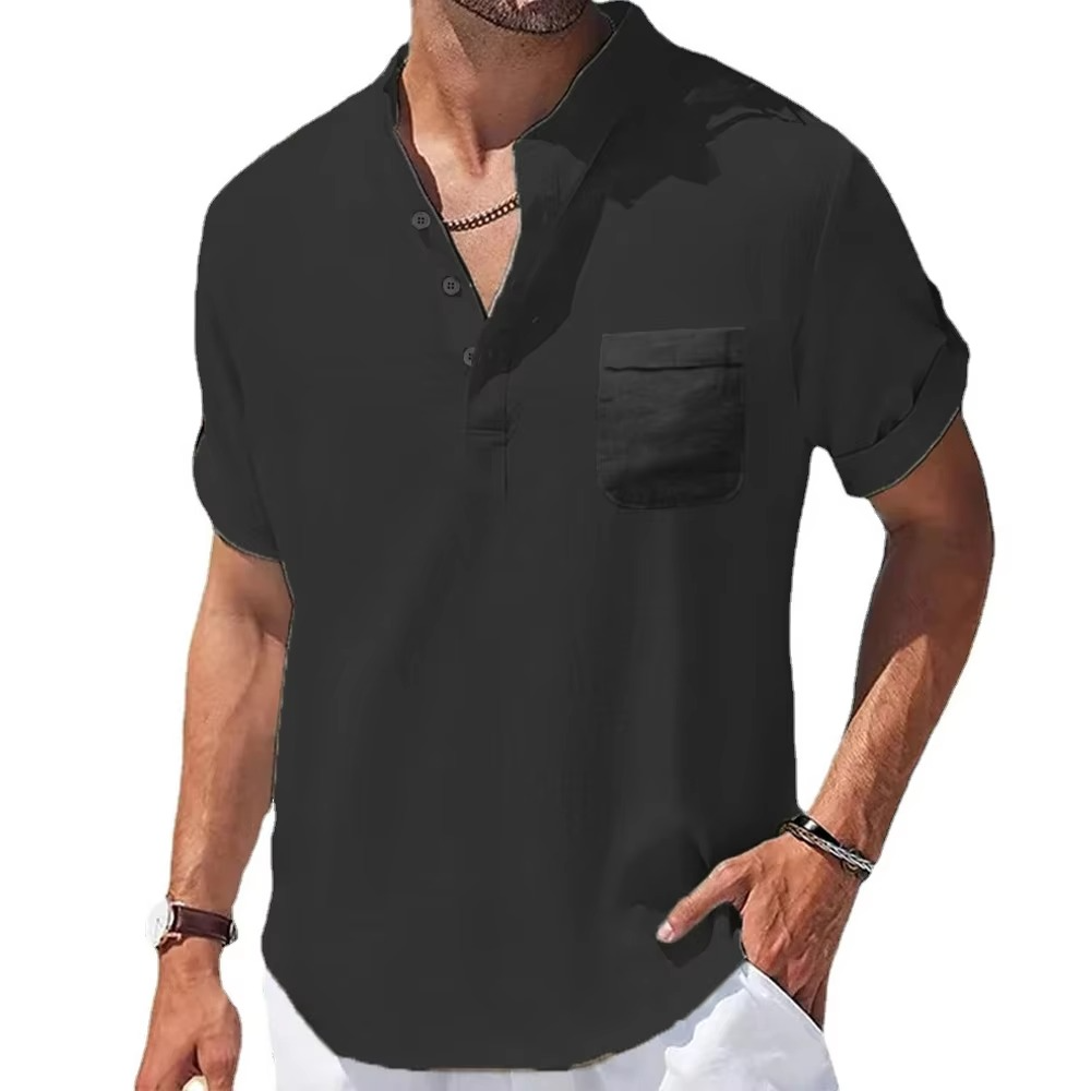 Men's navy cotton linen Henley shirt short sleeve relaxed fit breathable lightweight casual travel top