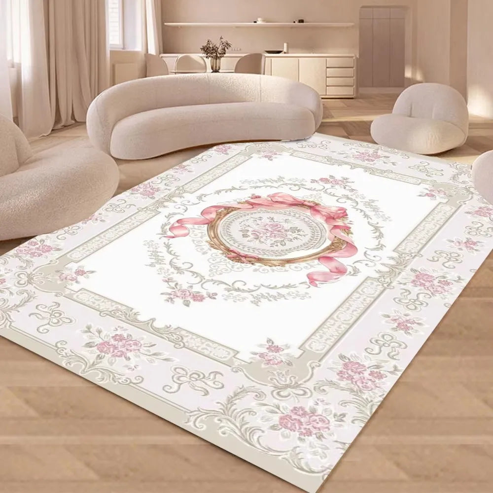 European luxury floral area rug in soft flannel, non-slip large floor mat for living room bedroom