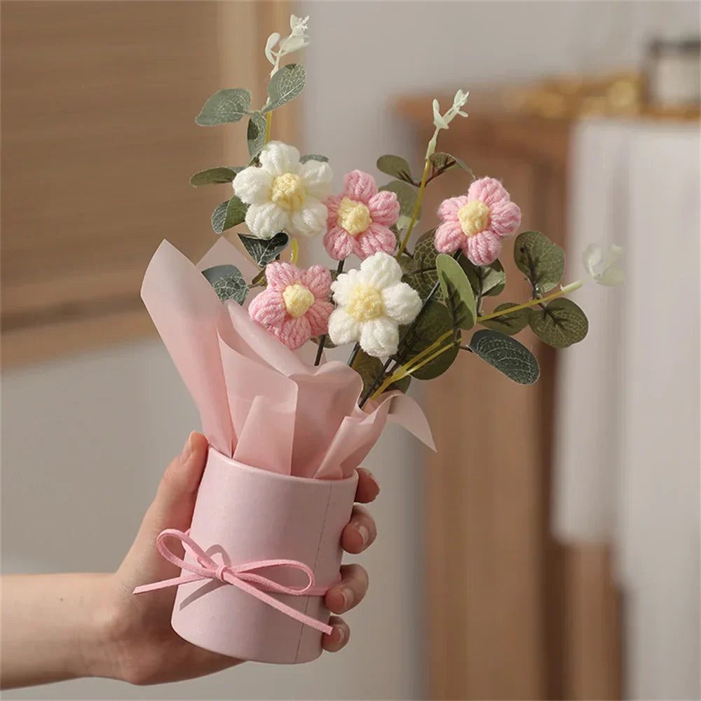 Handcrafted knitted flower bouquet plush decor accent with whimsical hand-stitched blooms in soft yarn