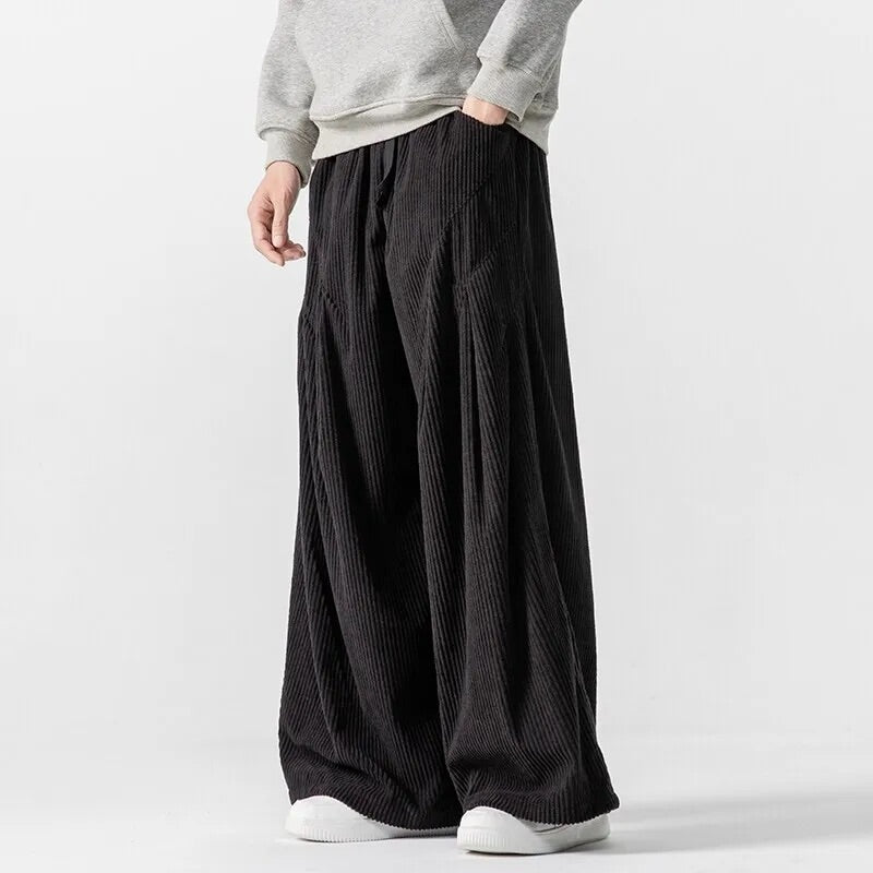 Men's wide leg ribbed drawstring pants casual comfort breathable fabric relaxed fit full-length
