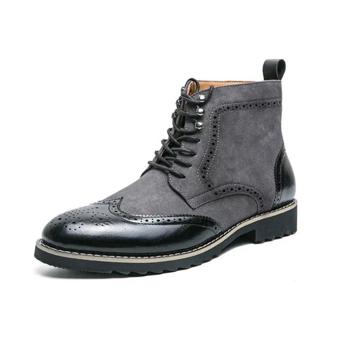 Men's split leather brogue boots tan suede panels wingtip lace-up oxford style two-tone finish