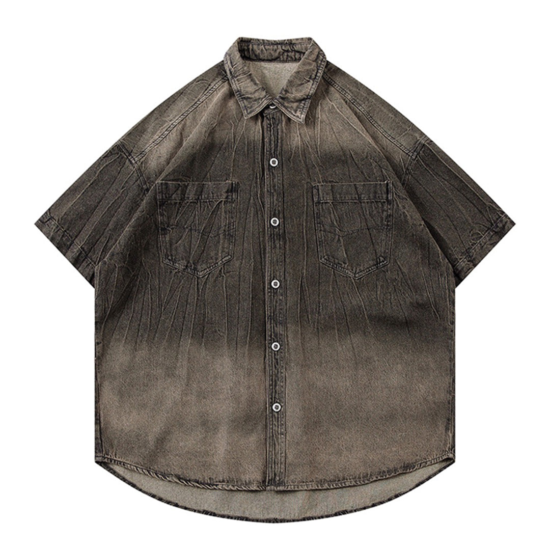 Men's denim-texture work shirt in gradient fade blue with dual chest pockets and weathered wash finish