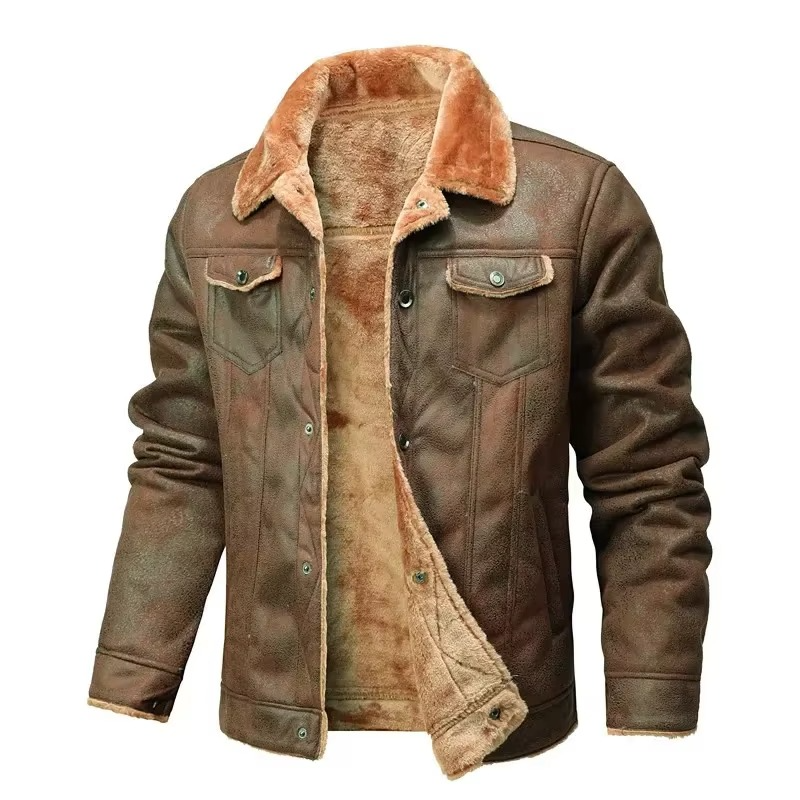 Men's brown suede leather winter coat with thick fleece lining, rugged yet refined cold-weather style
