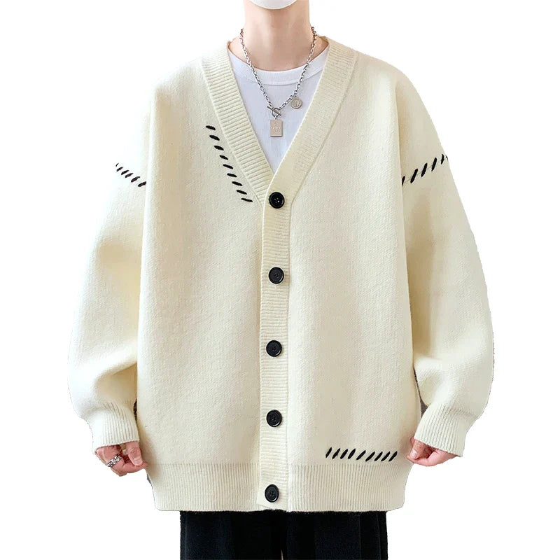 Women's soft knit cardigan beige button-front with contrast stitching detail mid-weight essential