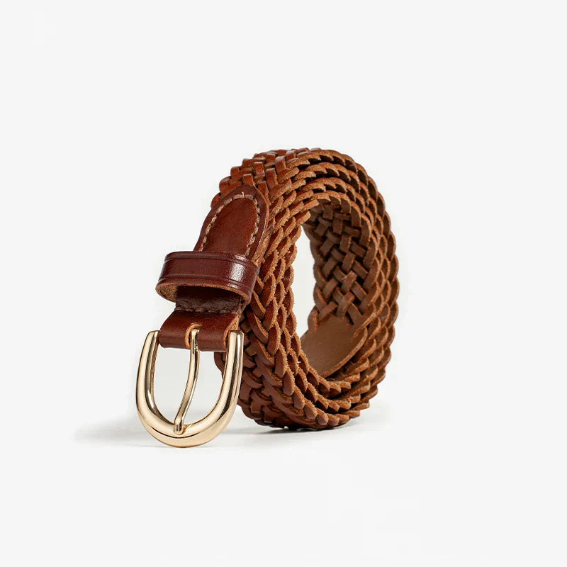 Men's braided genuine leather belt in black brown or coffee with gold hardware cross-braid design