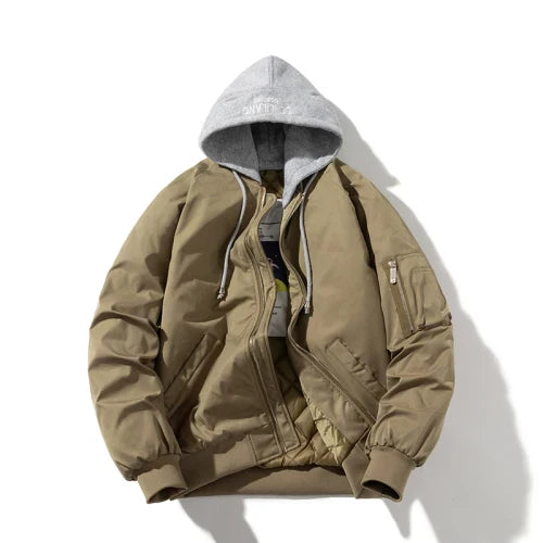 Men's olive green pilot bomber jacket modern rugged silhouette with ribbed cuffs sustainable fabric