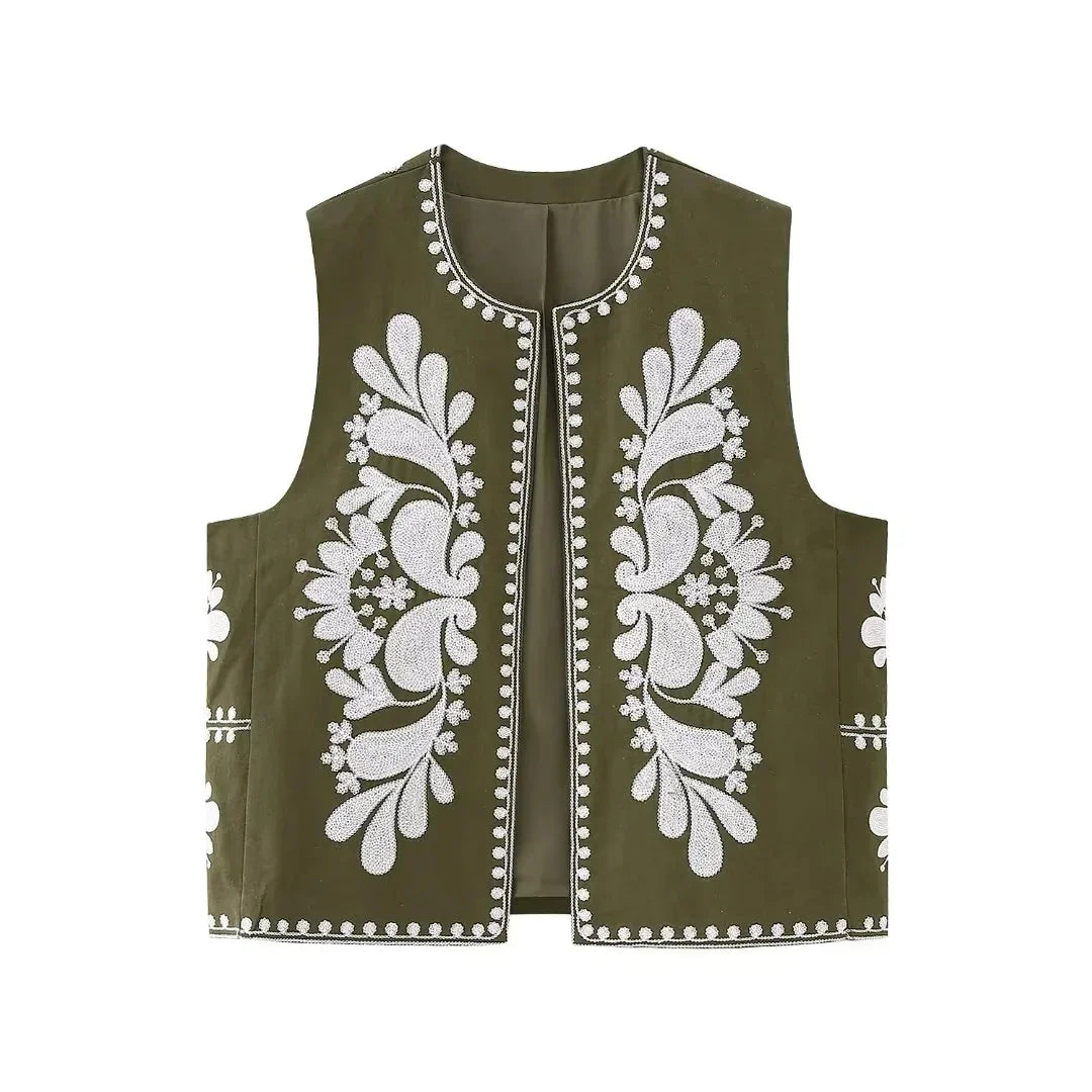 Women's sleeveless floral embroidered vest elegant layering top with intricate botanical detailing