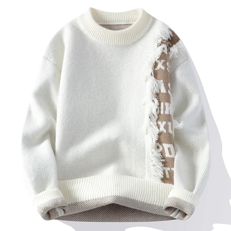 Women's cream knit sweater crew neck with fringe seam detail and contrast color panel