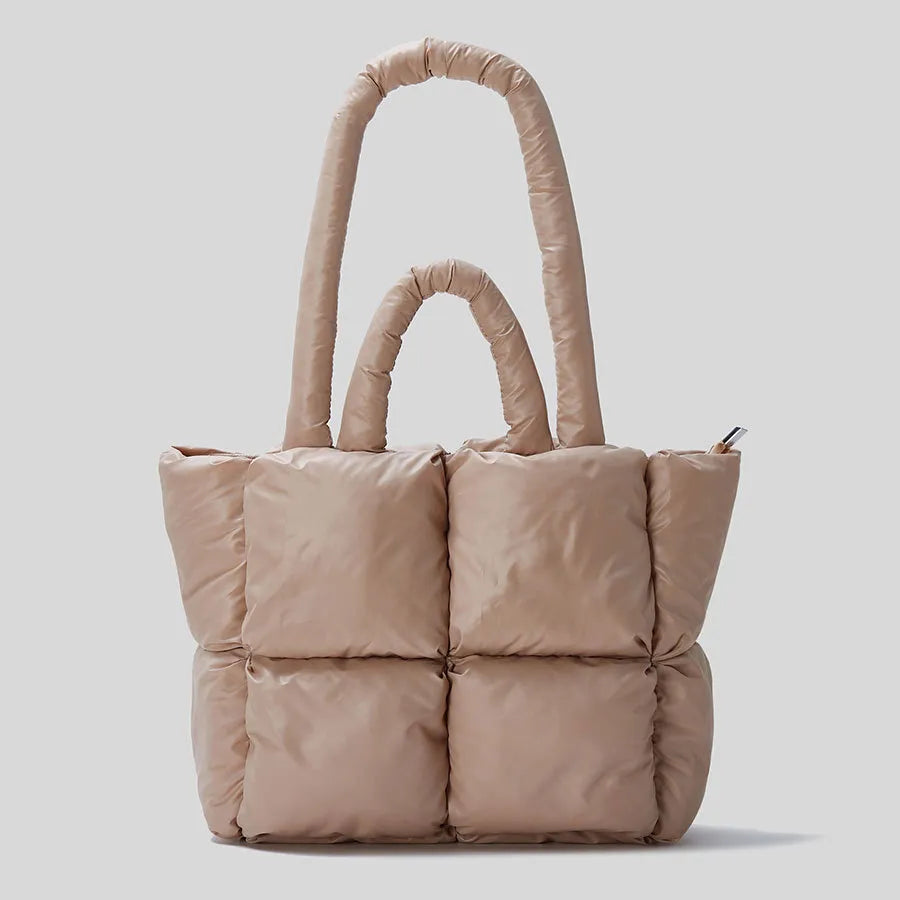 Urbann-Vibe Jorlin quilted plush shoulder bag satin finish structured silhouette 20in fashion-forward