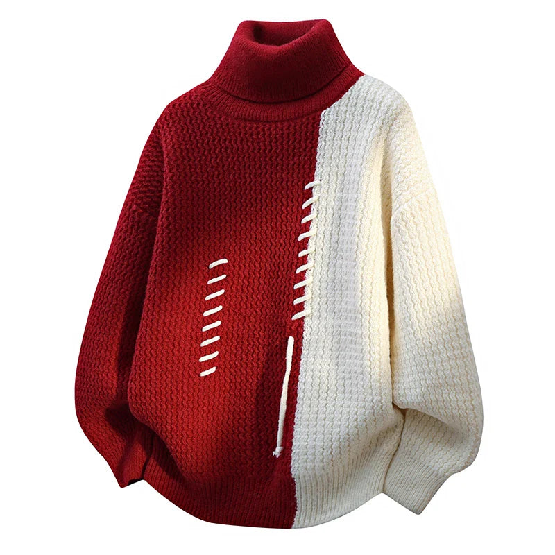 Black white colorblock patchwork turtleneck sweater women chunky knit cozy modern flair