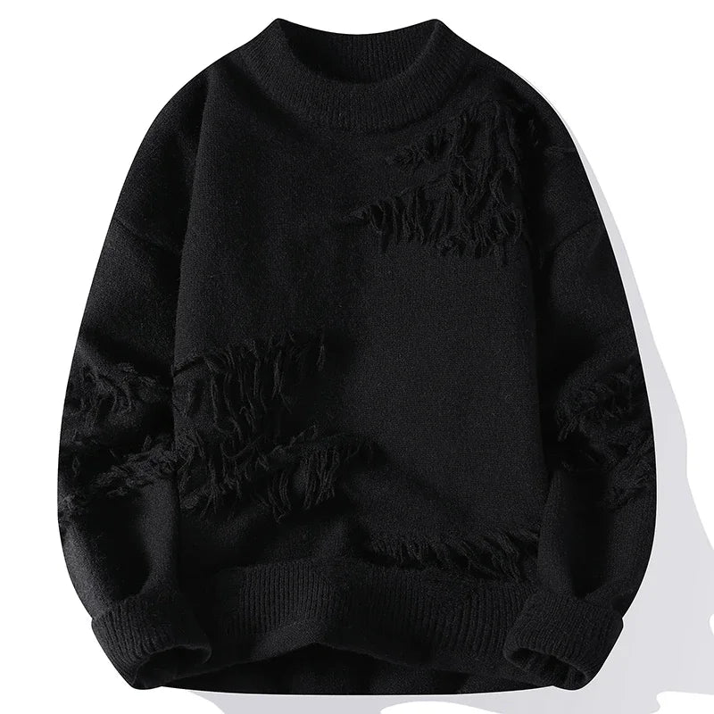 Unisex distressed knit crewneck sweater with frayed accents, soft ribbed texture, modern rugged casual style