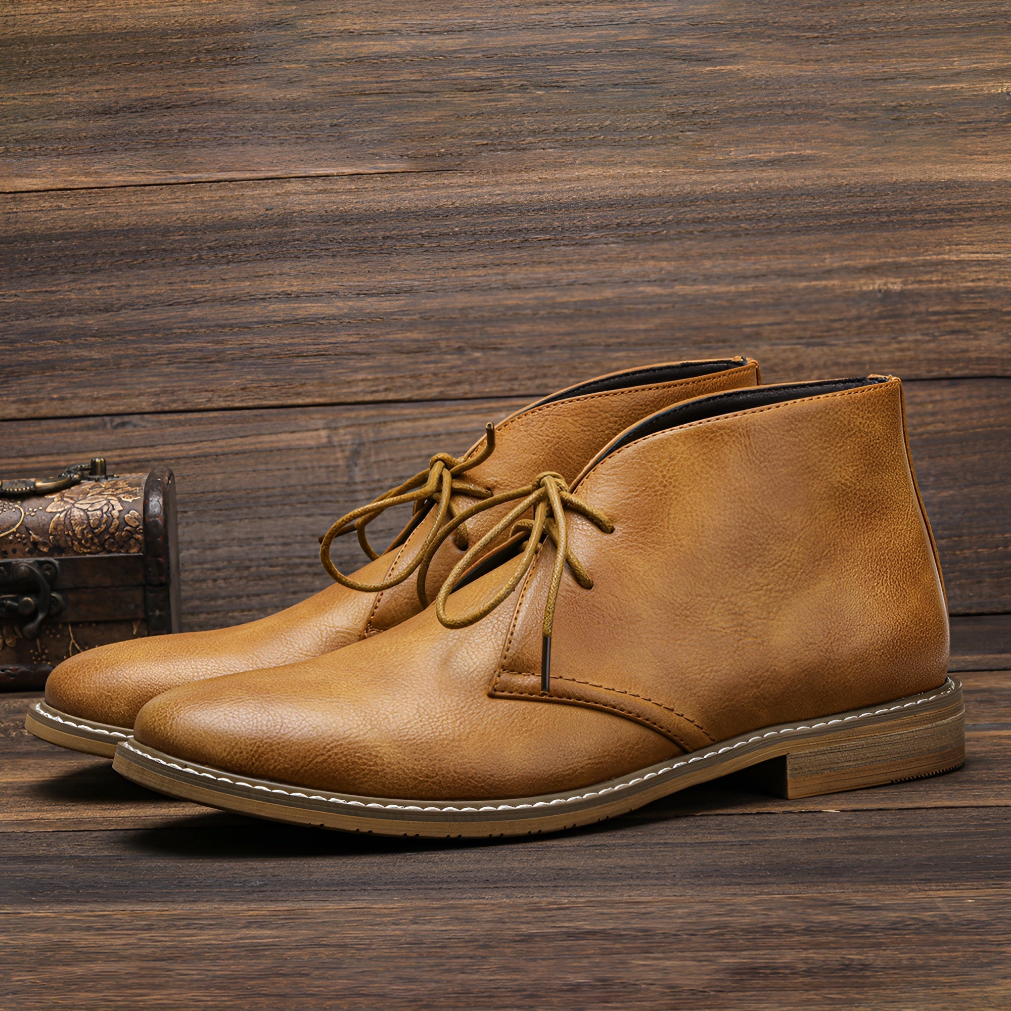 Men's tan genuine leather desert boot with classic silhouette and non-slip rubber sole for timeless style