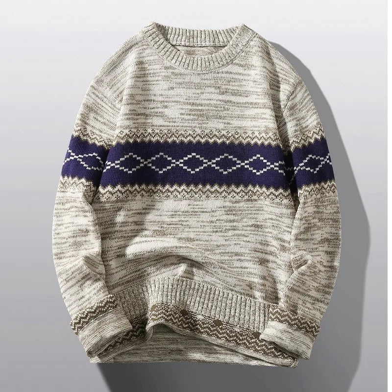 Nordic knit sweater with bold chest stripe, soft cozy fit for warm winter layering