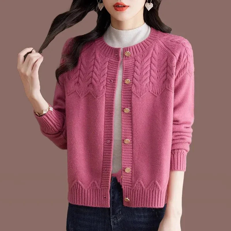Women's wool blend relaxed fit cardigan sweater with button front cozy knit in neutral tone