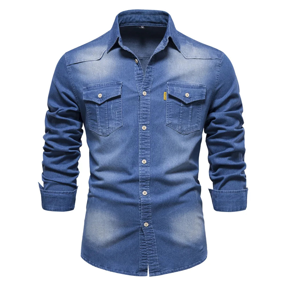 Men's classic blue denim button-up shirt with sturdy fabric and versatile everyday fit