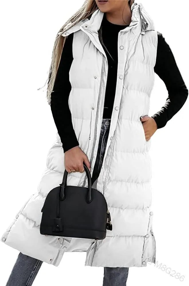 Women's long quilted puffer jacket with hood, mid-calf length, dual zip-snap closure, all-season insulation