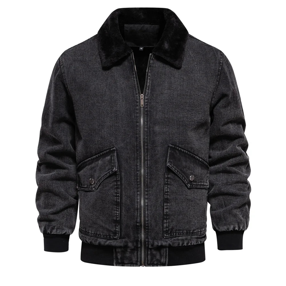 Men's slim fit denim aviator jacket in vintage wash with cozy sherpa fleece lining