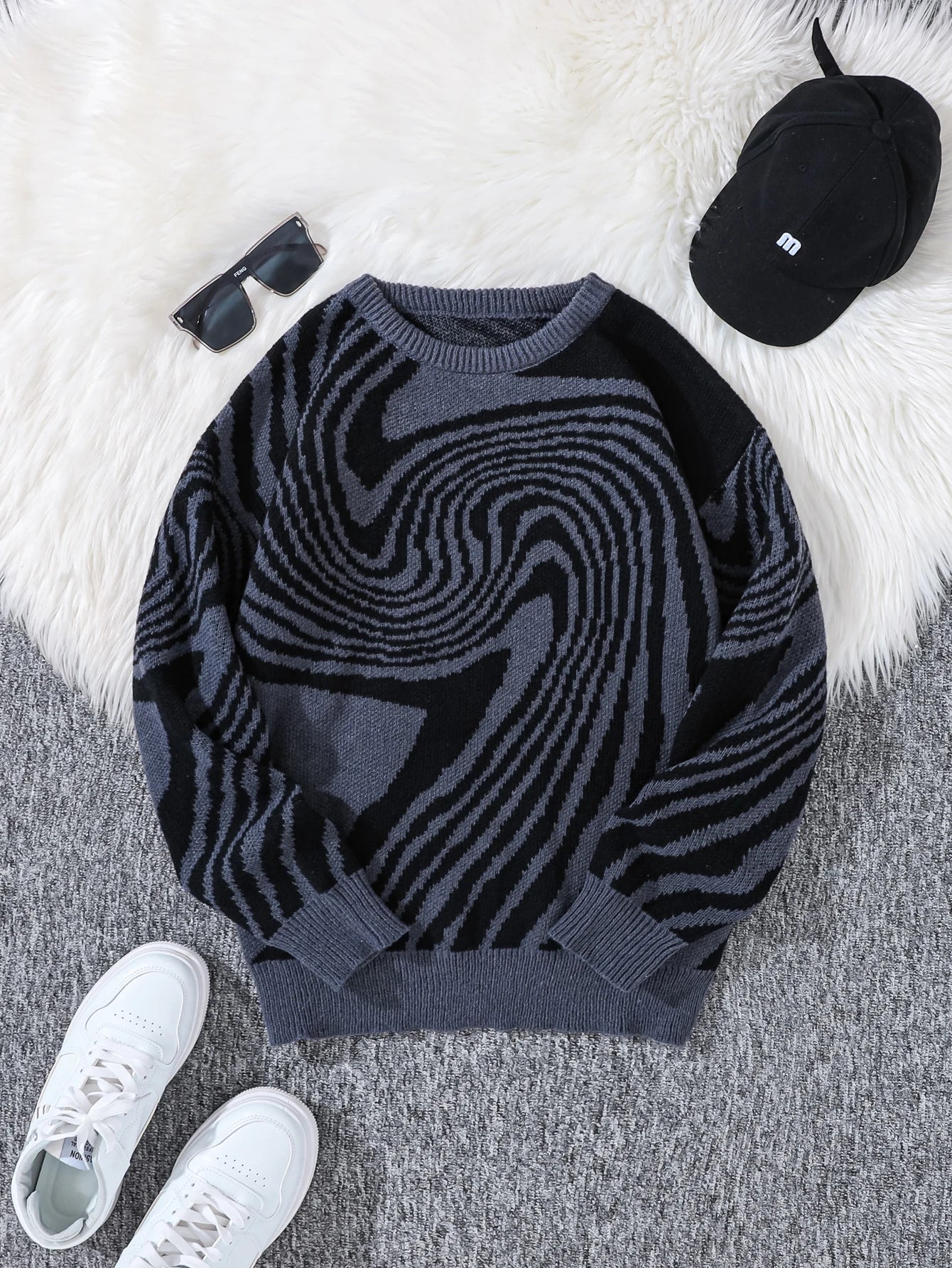 Men's abstract wave pattern sweater in contrasted tones, relaxed fit artistic knit with bold design