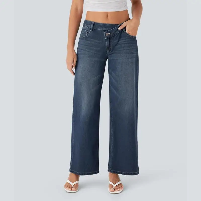 Women's baggy wide-leg jeans low rise with asymmetric zipper pockets, relaxed denim comfort fit