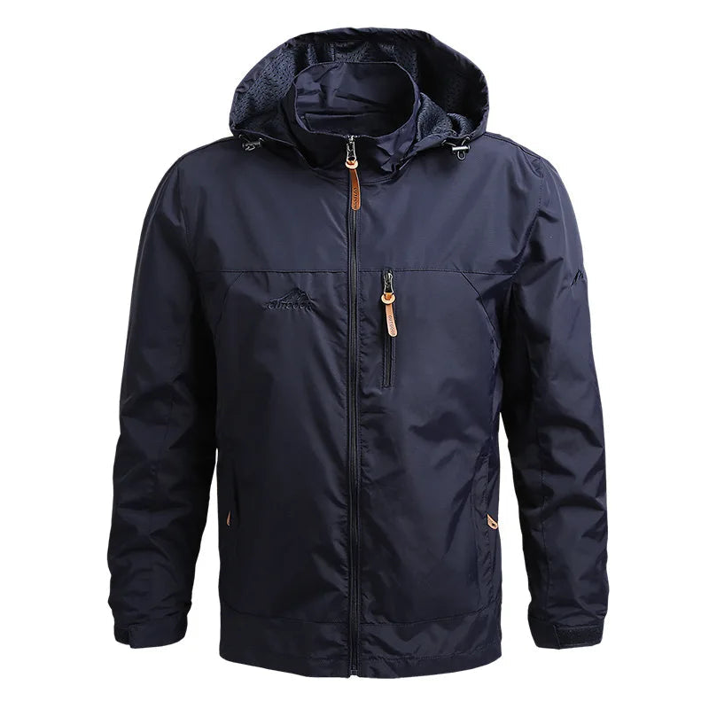 Men's hooded rain jacket breathable water-repellent softshell in neutral tone for outdoor adventures