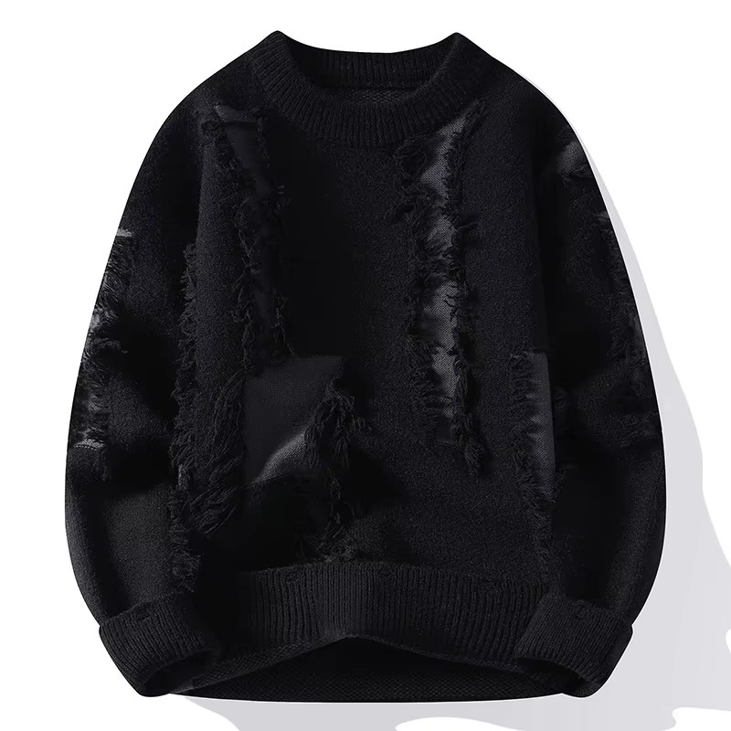 Men's distressed patchwork knit sweater loose fit crew neck pullover in neutral autumn tones
