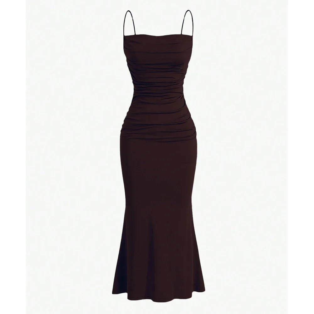 Anna draped maxi dress stretch fabric ruched bodice soft neckline slim silhouette flared hem