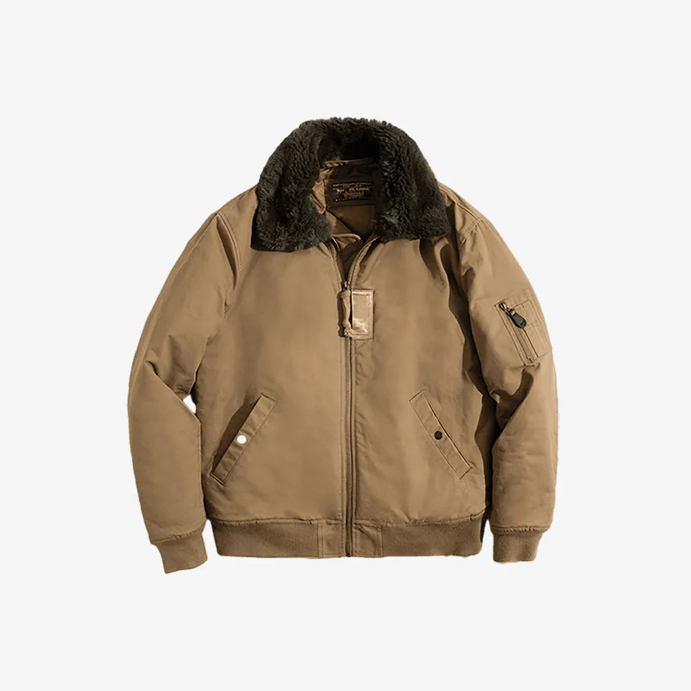Men's retro bomber jacket with fleece collar, wind-resistant exterior, slim fit vintage-inspired silhouette