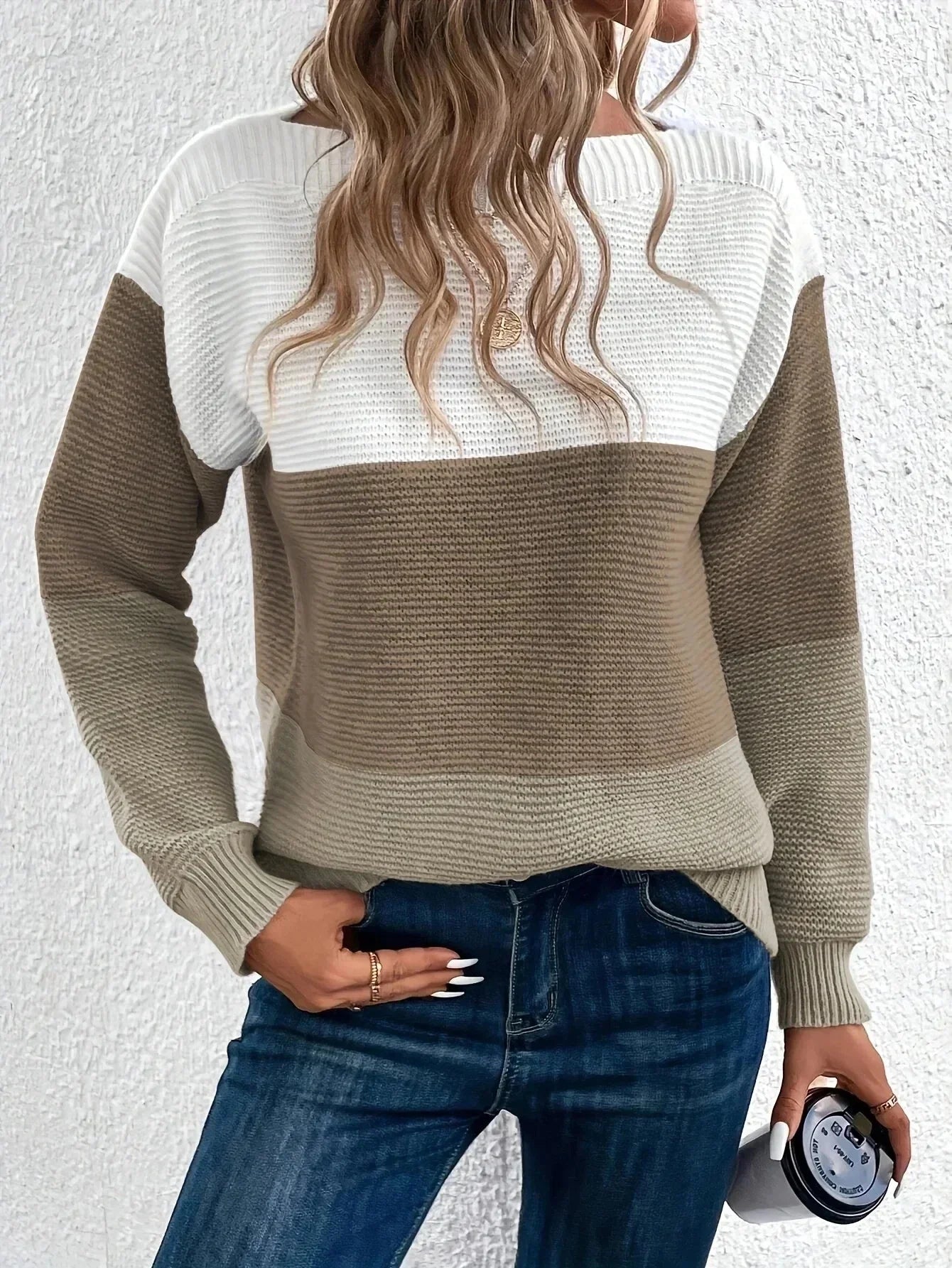 Women's ribbed color block cropped boat neck sweater relaxed fit knit casual style