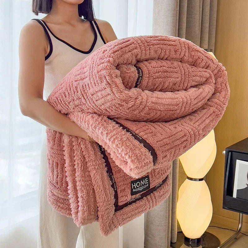Plush velvet throw blanket with soft coral fleece dual-sided texture for sofa and cozy evenings