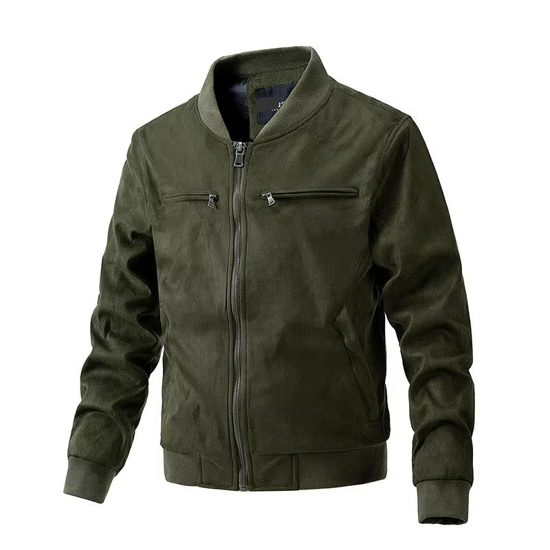 Men's brown suede jacket stand collar zipper front lightweight slim-fit smart-casual layer