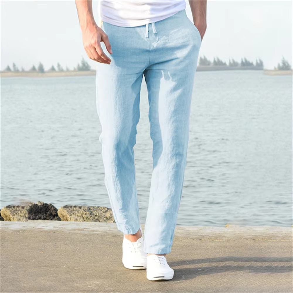 Men's beige cotton linen pants relaxed fit breathable lightweight blend for everyday casual wear