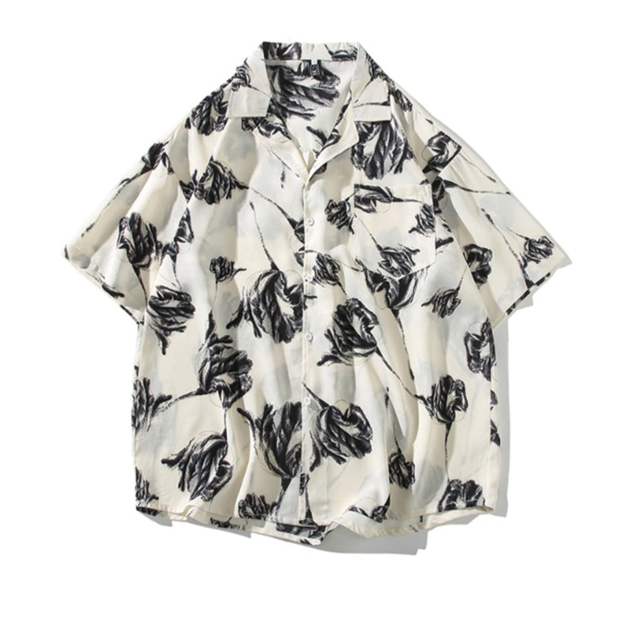 Black floral camp collar shirt women satin-touch cotton soft draped fit noir print elegant